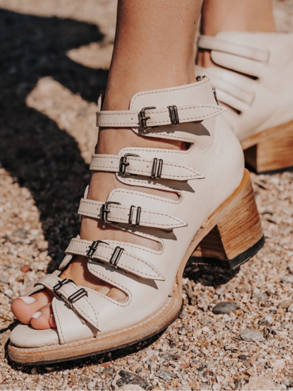 Freebird | Quinn Leather Heeled Sandals Booties Beige Cream | 5 but fits 6